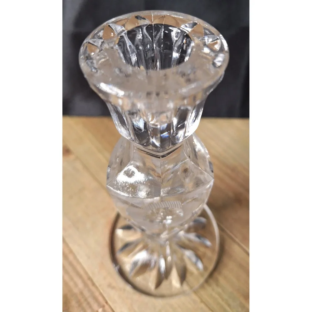 Vintage Etched Crystal Rose Candlestick Holder Faceted Glass Starburst Base 7.5